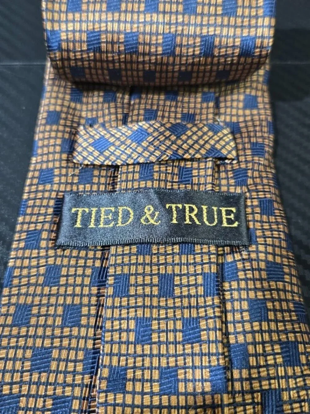Tied&True Gold/Blue Geometric Patterned 100% Silk Tie Hand-made in Korea